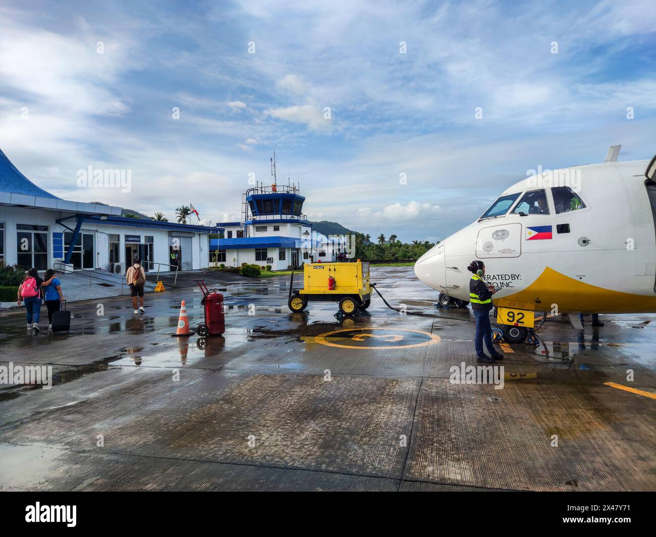 Cebu Pacific Airline landet auf der Insel Siargao in Mindanao, Philippinen Stockfoto