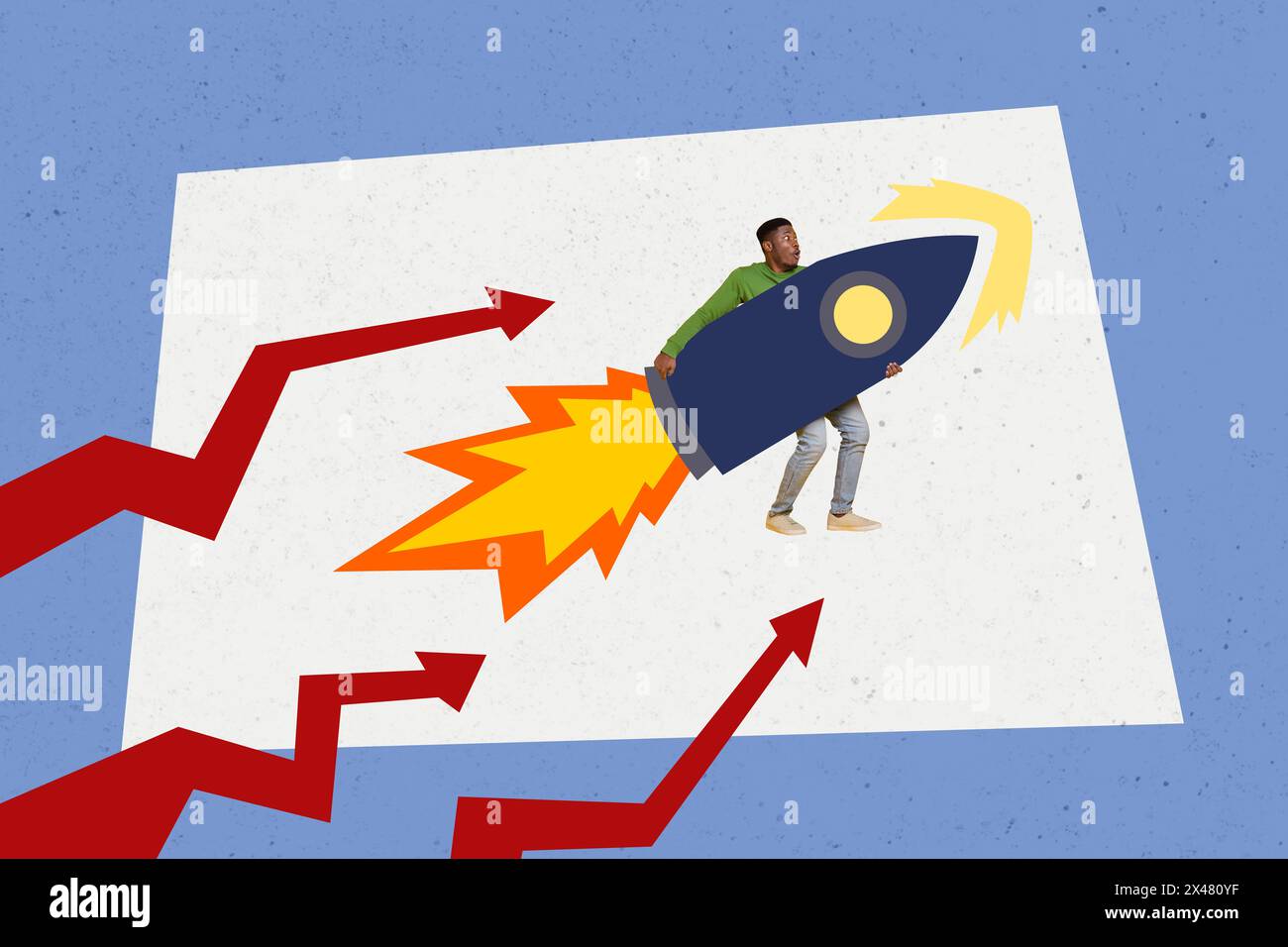 Kreative Collage Bild junger staunender Mann Rakete gestartet geht aufwärts dynamische Charts Pfeil-Imppovement Selbstbestimmung Ziele erreichen Stockfoto