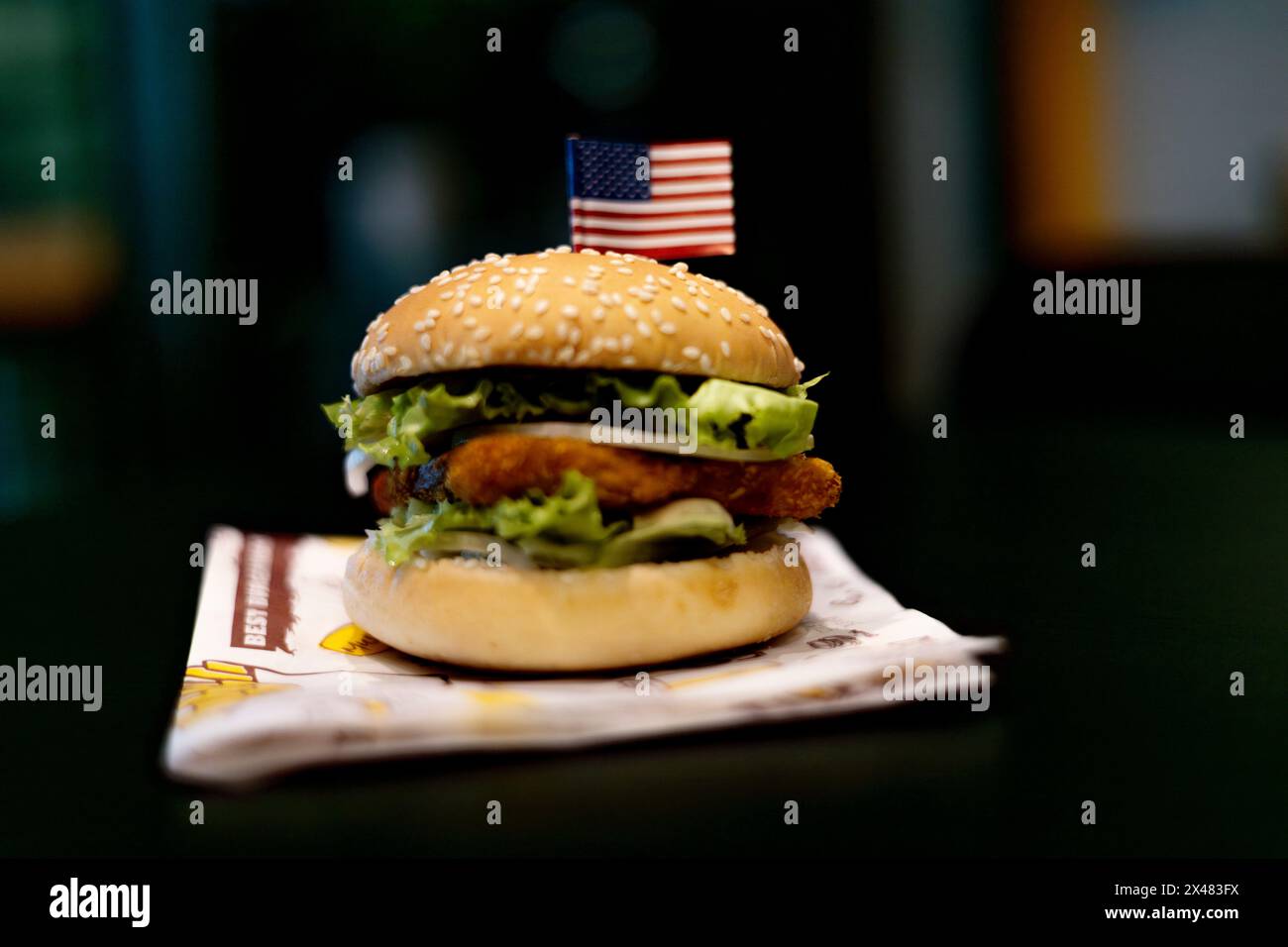 Köstlicher frischer Burger mit Salat Käse Zwiebeln Tomaten und gebratenem Huhn auf dem Tisch. Stockfoto