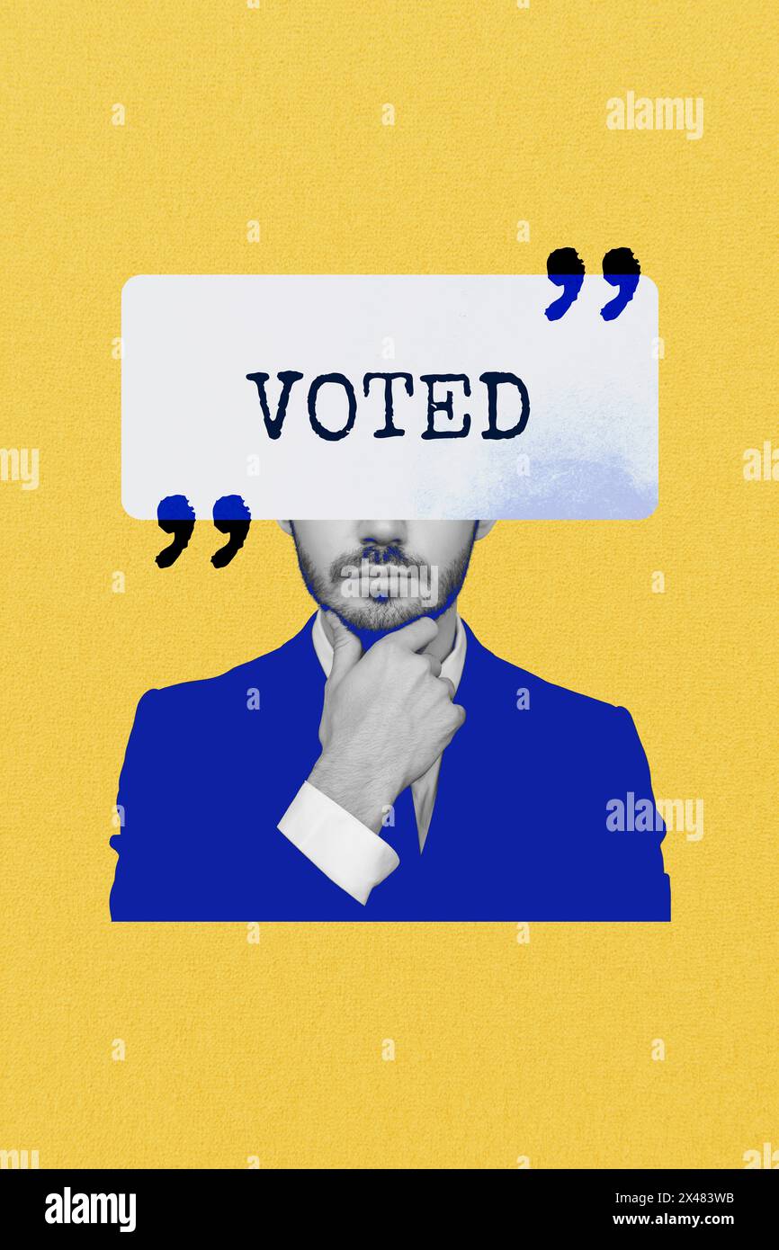 Composite Trend Artwork Skizzenbild 3D Foto Collage von durchdachten Augenlosen Mann Wahl gewählt weißes Hemd blaue Jacke berühren sein Kinn Stockfoto