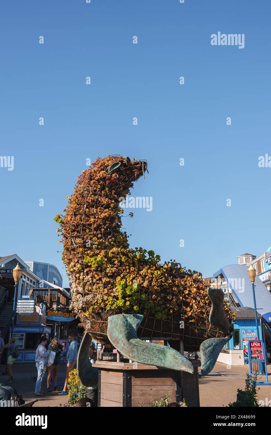 Sea Lion Topiary, Touristenattraktion, Pier 39, San Francisco Stockfoto