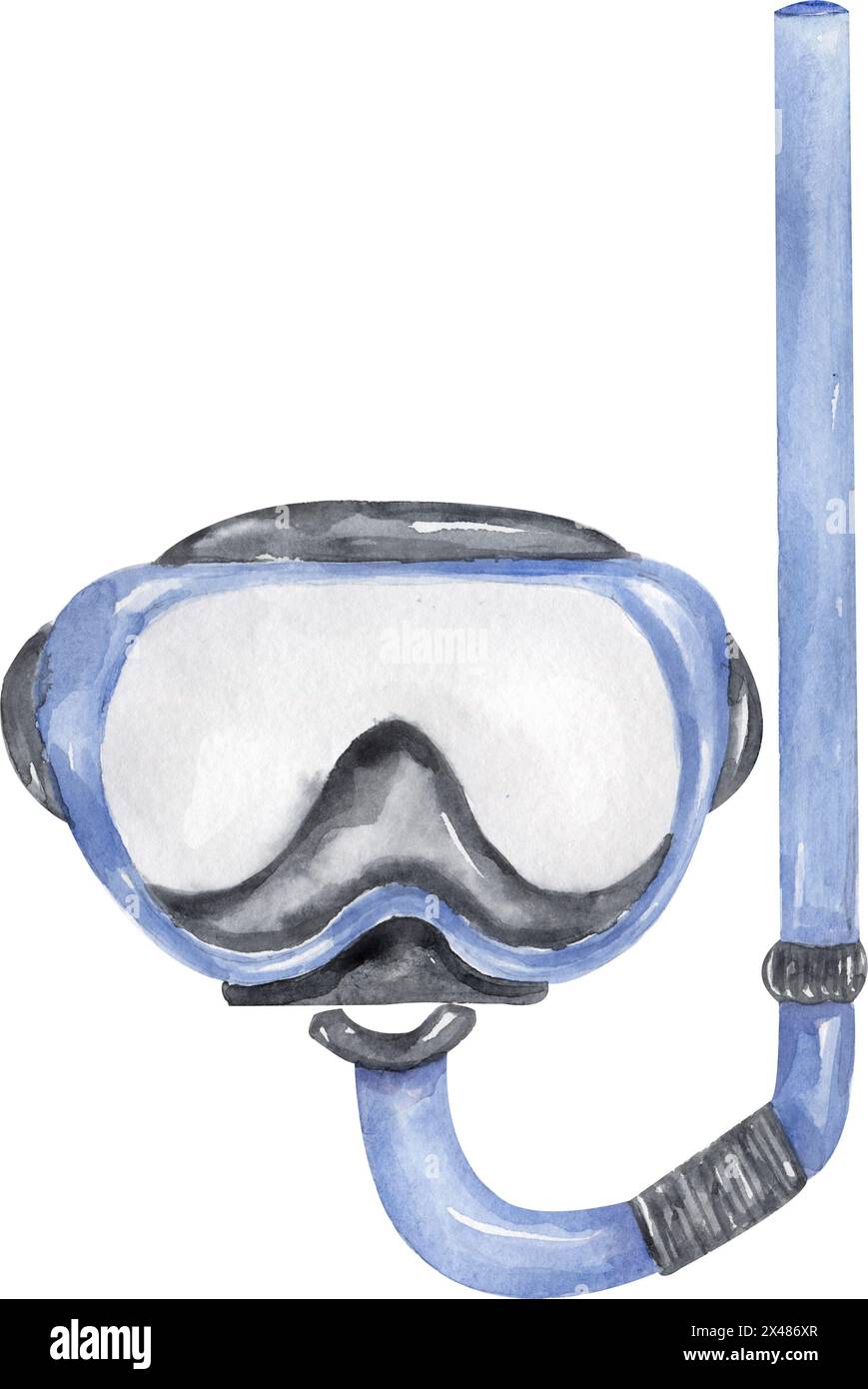 Wasserfarbentauchmaske und Schnorcheln zum Schwimmen unter Wasser, Schnorcheln, blau. Aquarell-Hobby-Illustration, handgezeichnet. Design von Strand, Sommer, Meer. Stockfoto