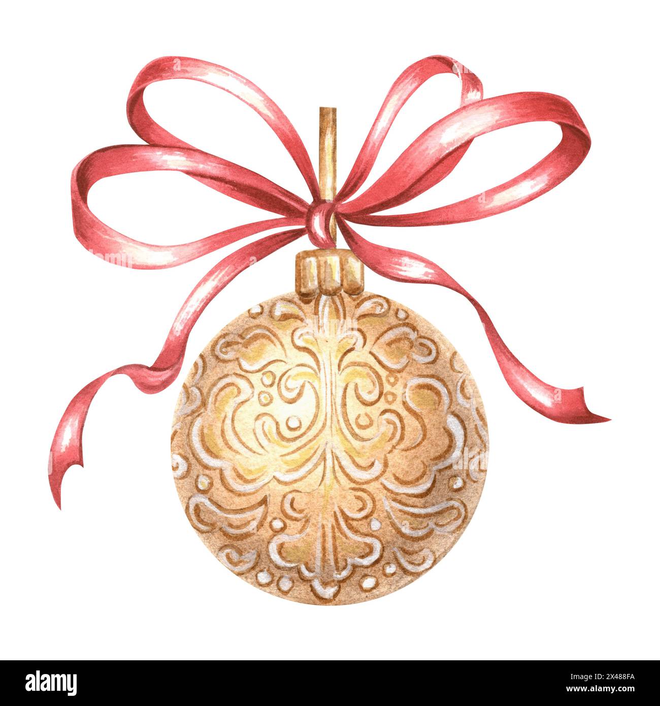 Weihnachtsbaumkugel Golden mit roter Seidenschleife. Zeichnen im Vintage-Stil. Handgezeichnete Aquarellillustration Weihnachtsdekoration. Isolierte Vorlage für Einladung Stockfoto