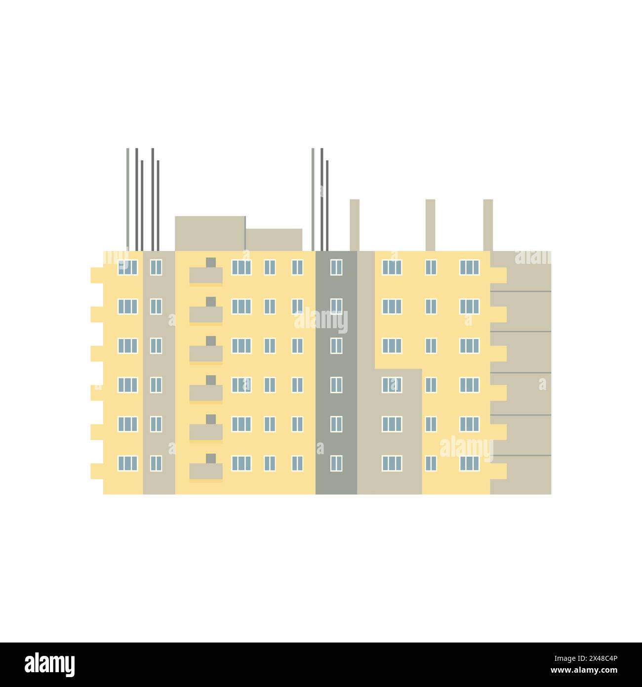 Unvollendeter Wohnkomplex, gelbe Gebäudefassade mit Fenstern Vektorillustration Stock Vektor