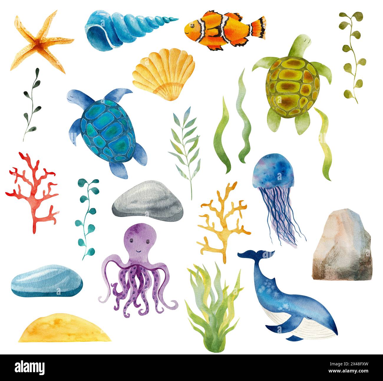 Ozean Set, Meeresleben, Kreaturen, Illustration, Wal, Fisch, Stein, Quallen, Tintenfisch, Algen, Cartoon, naiv Stockfoto