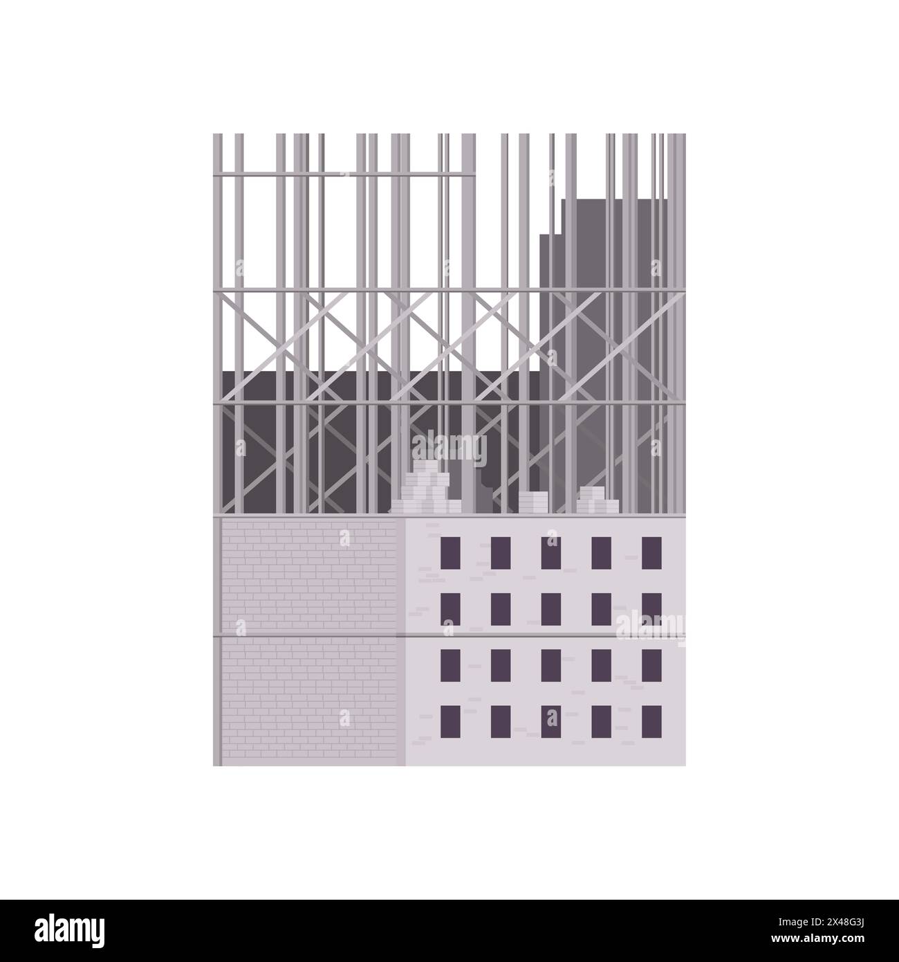 Unfertige Betonwand des Gebäudes außen, Stadtarchitektur Entwicklung Vektor Illustration Stock Vektor