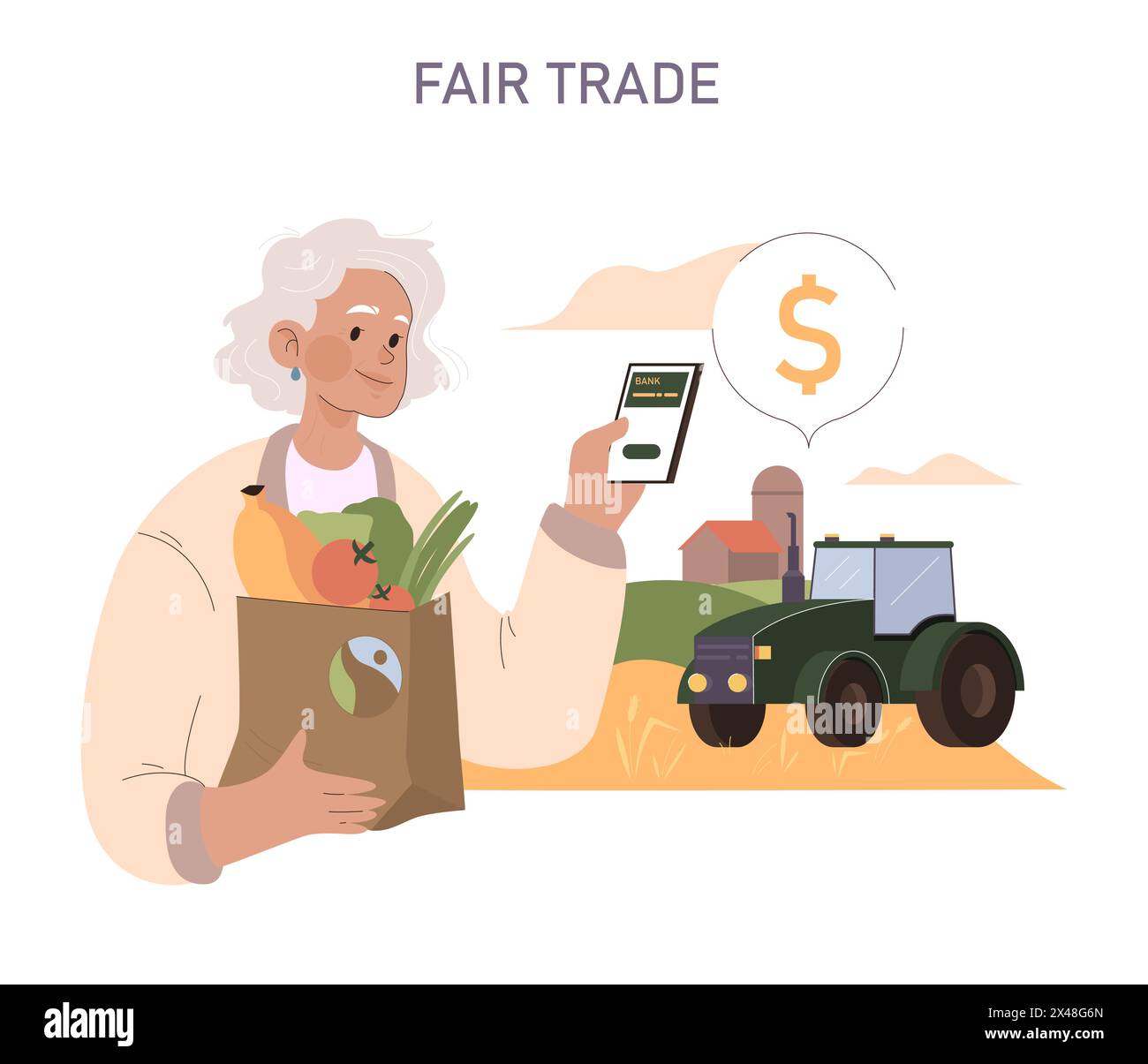 Fairer Handel. Ethischer Einkauf mit digitalen Zahlungen für frische Produkte. Ältere Frauen unterstützen die lokale Landwirtschaft. Nachhaltige Landwirtschaft und wirtschaftliche Gerechtigkeit im Lebensmittelhandel. Stock Vektor