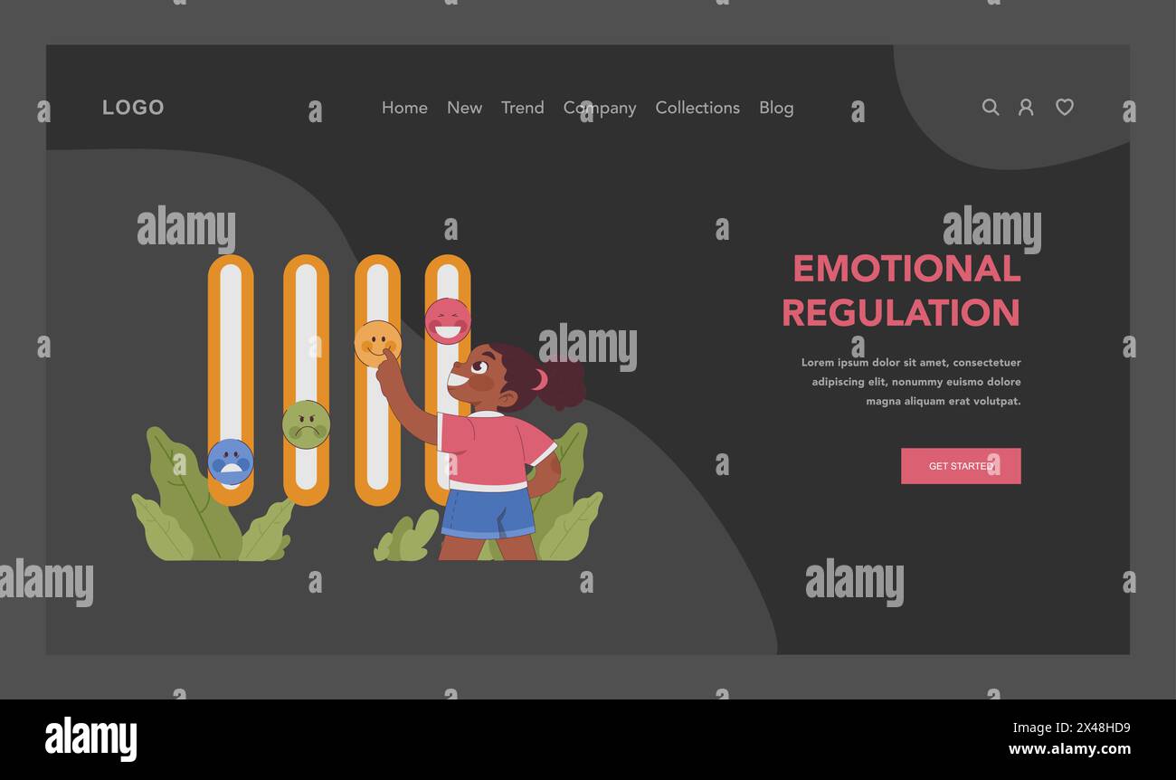 Emotionale Regulierung Dunkelheit oder Nachtmodus Web, Landung. Fröhliches Kind passt die Stimmungsregler an und wählt zwischen glücklichen und traurigen Emotionen. Ausgewogenes geistiges Wohlbefinden. Illustration des flachen Vektors Stock Vektor