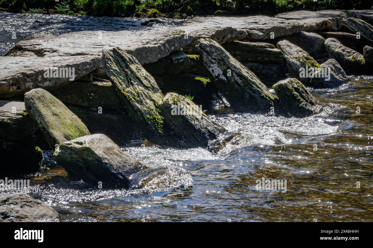 Tarr betritt eine Brücke über den River Barle auf Exmoor in Somerset, Großbritannien, mit schiefen Steinen, die Stützen vor voller Strömung schützen Stockfoto
