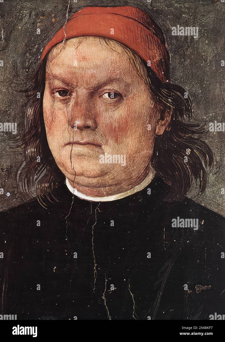 PERUGINO, Pietro (* 1450, Citta della Pieve, d. 1523, Perugia) Selbstporträt ca. 1500 Fresko, 40 x 30,5 cm Collegio del Cambio, Perugia das Fresko ist Teil der Ornamentik des Cambio. --- Schlüsselwörter: ----------------- Autor: PERUGINO, Pietro Titel: Selbstporträt Zeitlinie: 1451-1500 Schule: Italienisch Form: Malerei Art: Porträt Stockfoto