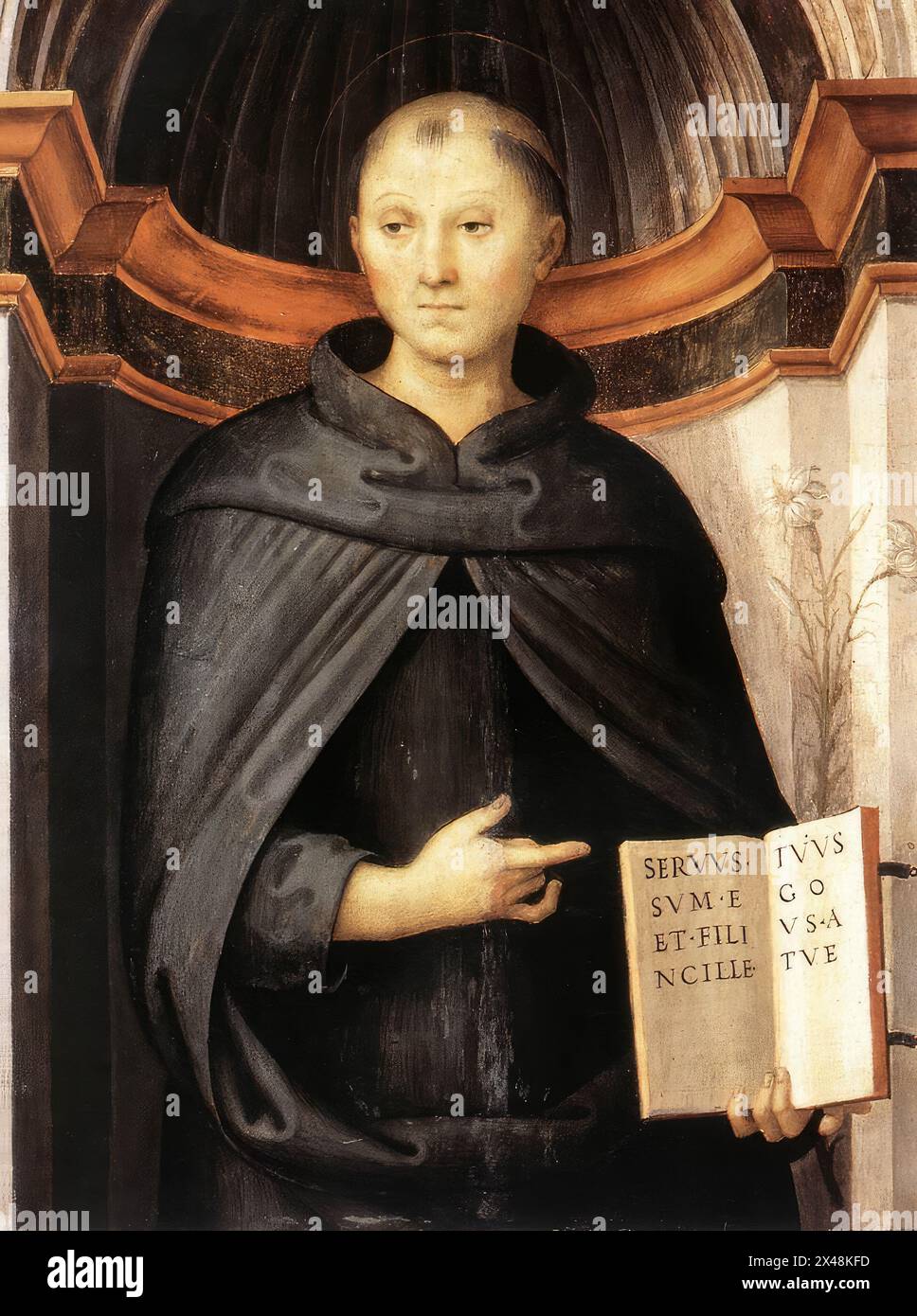 PERUGINO, Pietro (* 1450, Citta della Pieve, d. 1523, Perugia) St. Nikolaus von Tolentino 1507 Öl auf Platte, 79 x 62 cm Galleria Nazionale d’Arte Antica, Rom dieses Gemälde war Teil einer Serie von acht Tafeln, die für einen Altarkomplex in der Kirche Annunziata in Florenz gemalt wurden. Der auftrag für die Bilder wurde ursprünglich an Filippino Lippi vergeben und dann an Perugino übergeben, der die Arbeiten im November 1507 beendete. Der Altar wurde 1654 endgültig abgebaut und zerstreut. Fünf weitere Gemälde der Gruppe sind bekannt, zwei davon im Metropolitan Museum in New Yo Stockfoto