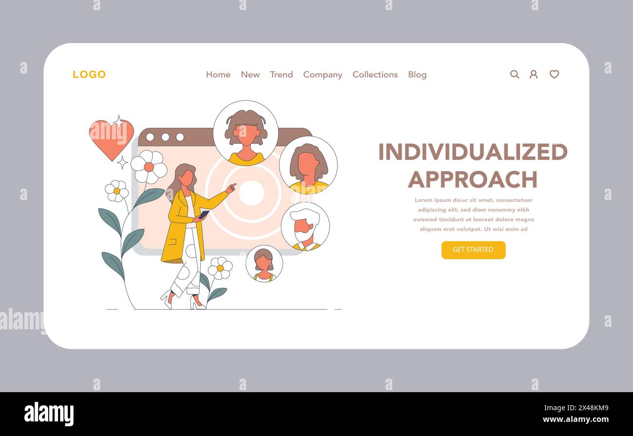 Personalisierter Coaching-Ansatz – Website oder Landing-Page. Eine durchdachte Illustration, die die Vielfalt der Kunden und die maßgeschneiderten Sitzungen des persönlichen Coachings widerspiegelt. Vektorabbildung. Stock Vektor