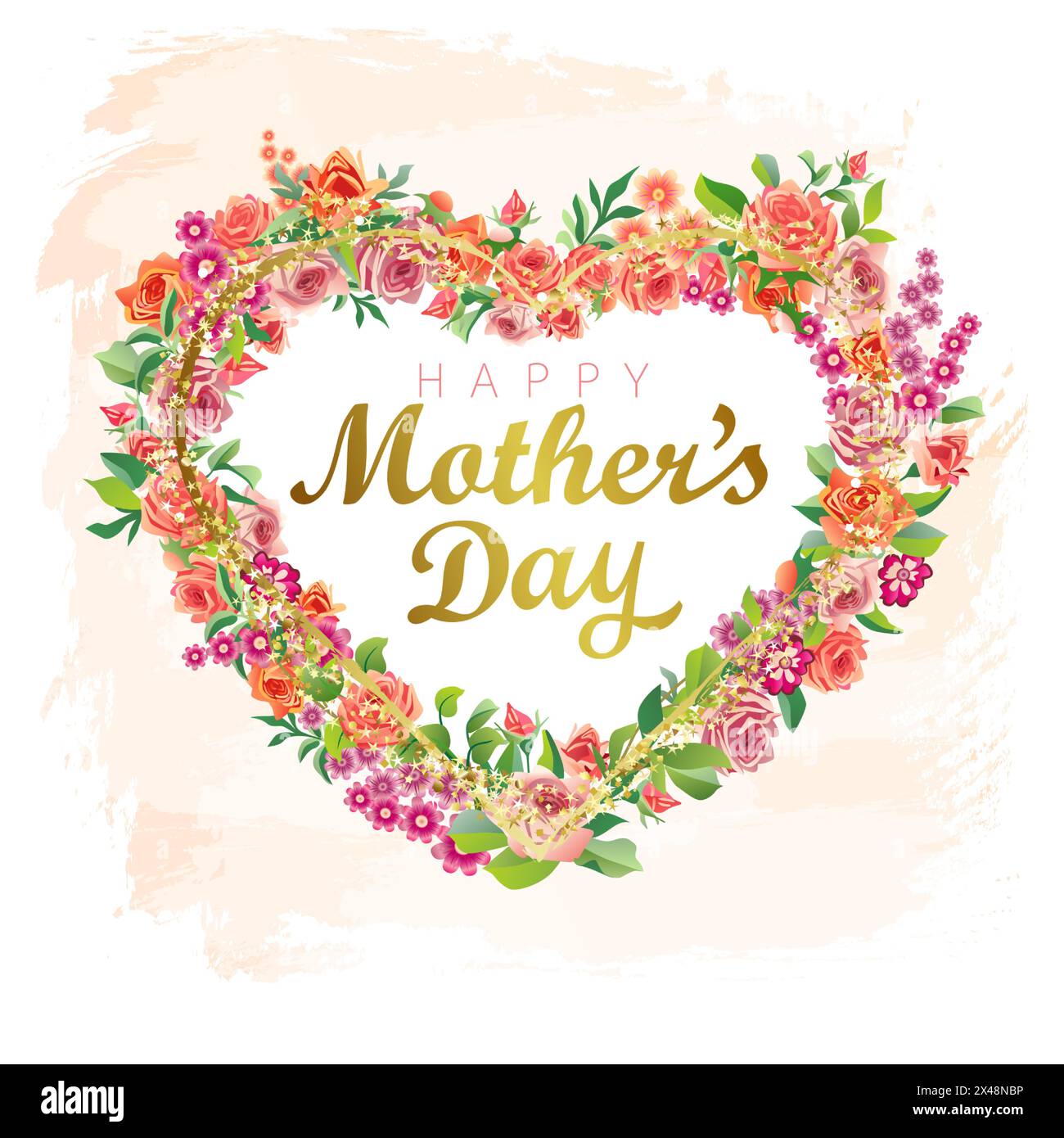 Herzliche Grüße zum Muttertag. Kreativer Rosenzweig, Herzkranzdekoration mit 3D-Blumen und Blättern. Glitzernde goldene Elemente Stock Vektor