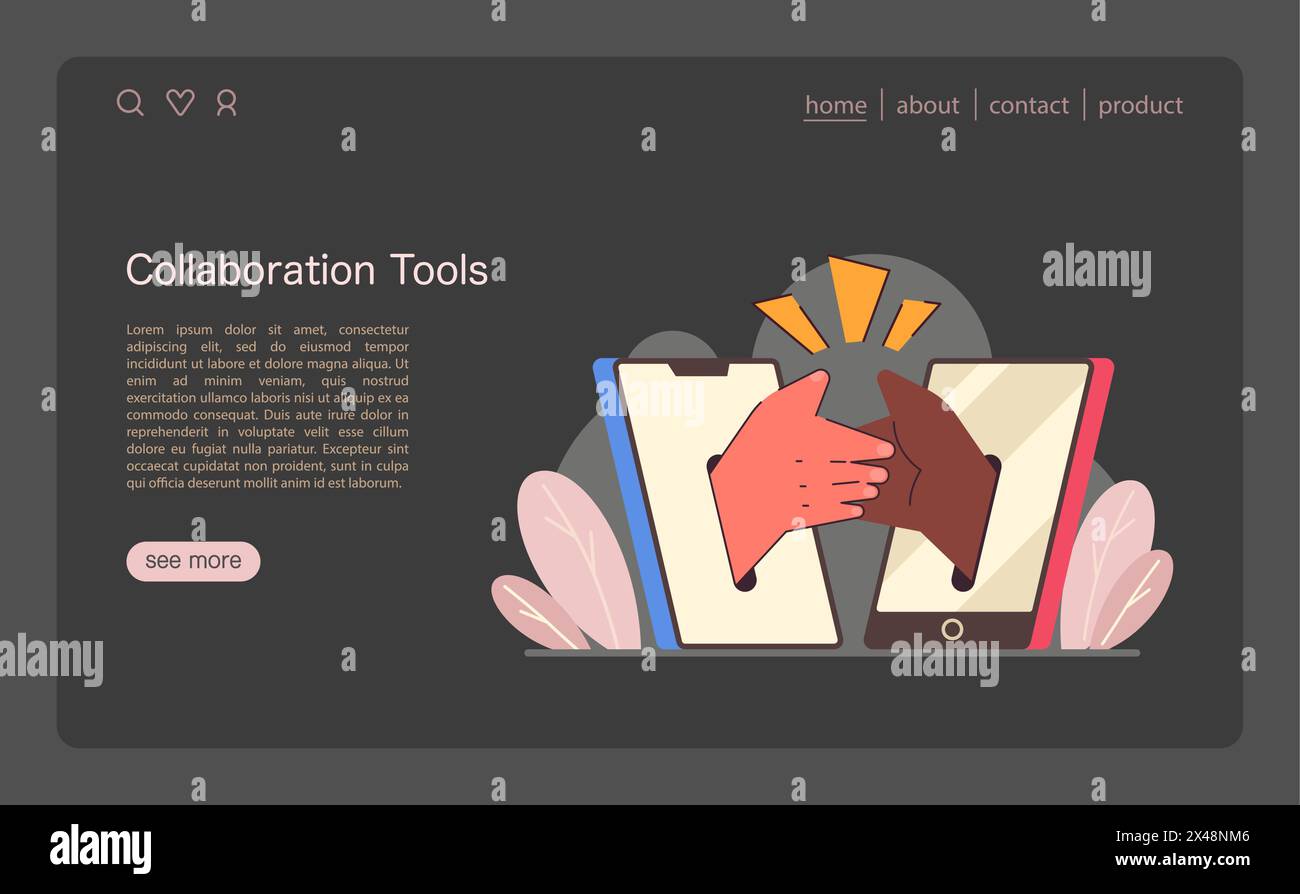 Einheitliches Technologiekonzept. Zwei Hände, die von digitalen Geräten aus interagieren, symbolisieren Remote Collaboration. Partnerschaft durch innovative technische Tools. Illustration des flachen Vektors Stock Vektor