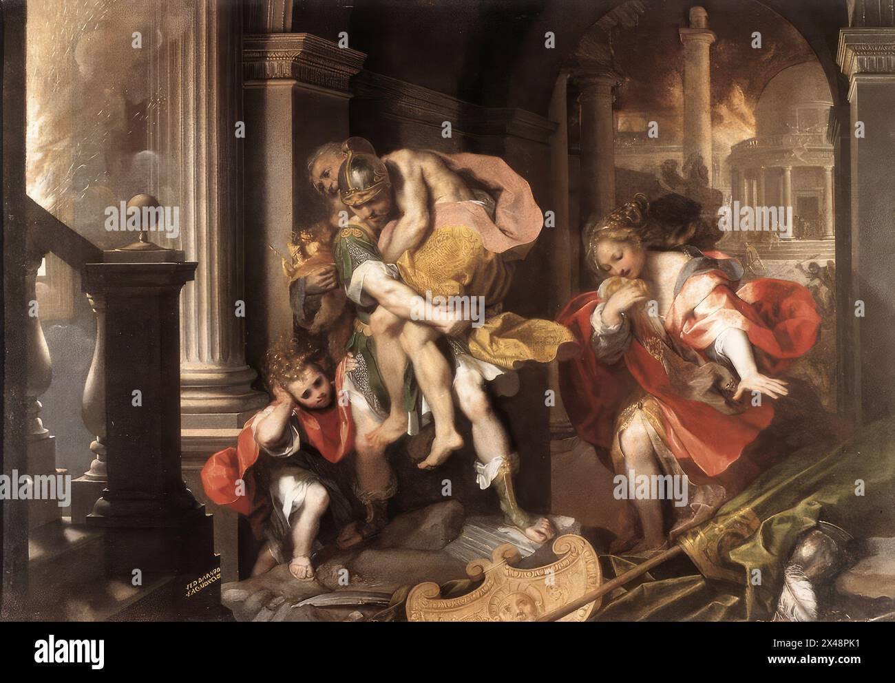BAROCCI, Federico Fiori (* 1526, Urbino, d. 1612, Urbino) Aeneas' Flug von Troja 1598 Öl auf Leinwand Galleria Borghese, Rom Federico Barroccis Aeneas' Flug von Troja mit Anchisen, sein Sohn Ascanius und seine Frau Creusa sind die zweite Version eines 1598 gemalten Bildes, das zehn Jahre zuvor für Kaiser Rudolf II. von Österreich geschaffen wurde. Kardinal Giuliano della Rovere überreichte Kardinal Scipione diese zweite Fassung, die vor 1613 in die Borghese-Sammlung gelangte. Es war dieses Gemälde, das Kardinal Scipione dazu inspirierte, eine große Marmorgruppe zu demselben Thema von Gian L in auftrag zu geben Stockfoto BAROCCI, Federico Fiori (* 1526, Urbino, d. 1612, Urbino) Aeneas' Flug von Troja 1598 Öl auf Leinwand Galleria Borghese, Rom Federico Barroccis Aeneas' Flug von Troja mit Anchisen, sein Sohn Ascanius und seine Frau Creusa sind die zweite Version eines 1598 gemalten Bildes, das zehn Jahre zuvor für Kaiser Rudolf II. von Österreich geschaffen wurde. Kardinal Giuliano della Rovere überreichte Kardinal Scipione diese zweite Fassung, die vor 1613 in die Borghese-Sammlung gelangte. Es war dieses Gemälde, das Kardinal Scipione dazu inspirierte, eine große Marmorgruppe zu demselben Thema von Gian L in auftrag zu geben Stockfoto