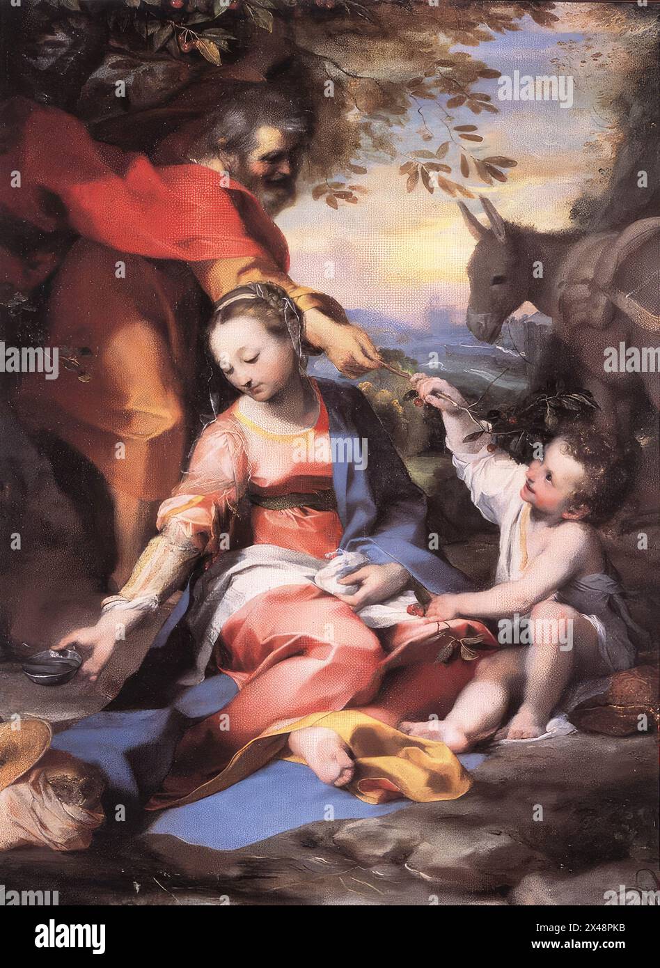 BAROCCI, Federico Fiori (* 1526, Urbino, d. 1612, Urbino) Rest auf dem Flug nach Ägypten 1570 Öl auf Leinwand Pinacoteca, Vatikan selbst in seinen kleineren Leinwänden, die für private Kapellen oder Sammler gemalt wurden, gab Barocci die oft kalligraphische Kalligraphie der Manneristen auf. Stattdessen bevorzugte er zarte Bilder, rosafarbene Farben, sanftes Licht und Landschaft. Dies bedeutete nicht, dass Barocci nicht auch ein raffinierter Maler war. In einem Gemälde wie diesem zeigt die Art und Weise, wie Gesten und Aussehen der Charaktere miteinander verbunden sind, dass er seine Kompositionen sorgfältig studiert hat. Aber was er Stockfoto BAROCCI, Federico Fiori (* 1526, Urbino, d. 1612, Urbino) Rest auf dem Flug nach Ägypten 1570 Öl auf Leinwand Pinacoteca, Vatikan selbst in seinen kleineren Leinwänden, die für private Kapellen oder Sammler gemalt wurden, gab Barocci die oft kalligraphische Kalligraphie der Manneristen auf. Stattdessen bevorzugte er zarte Bilder, rosafarbene Farben, sanftes Licht und Landschaft. Dies bedeutete nicht, dass Barocci nicht auch ein raffinierter Maler war. In einem Gemälde wie diesem zeigt die Art und Weise, wie Gesten und Aussehen der Charaktere miteinander verbunden sind, dass er seine Kompositionen sorgfältig studiert hat. Aber was er Stockfoto