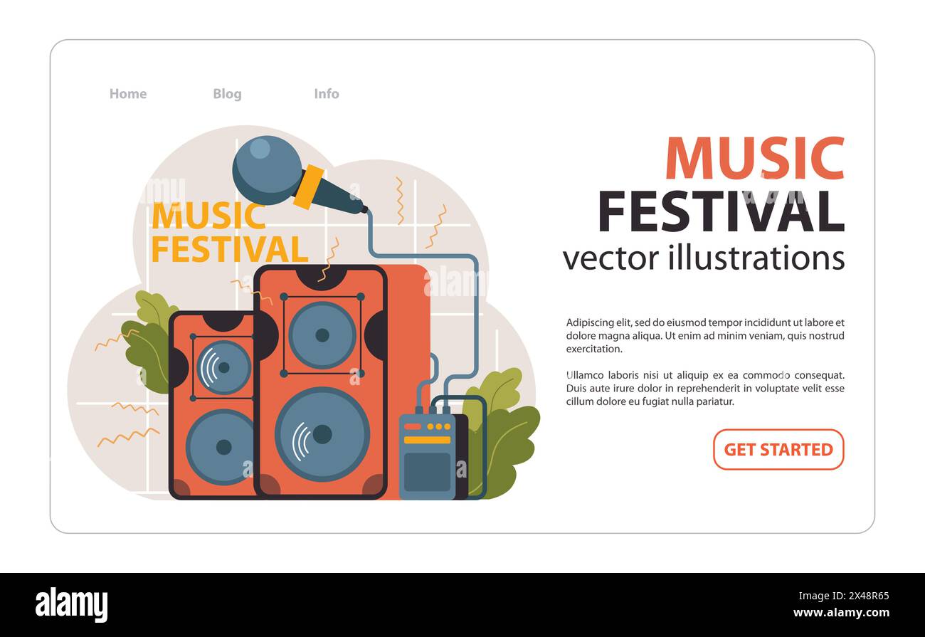 Dynamische Lautsprecher und Mikrofon vor dem Hintergrund der Wellen des Musikfestivals, die die lebendige Energie von Live-Auftritten einfangen. Festival Sound Ausrüstung. Illustration des flachen Vektors Stock Vektor