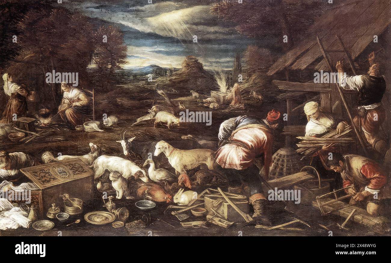 BASSANO, Jacopo (*ca. 1515, Bassano, d. 1592, Bassano) Noahs Opfer um 1574 Öl auf Leinwand staatliche Schlösser und Gärten, Potsdam-Sanssouci dieses Werk ist typisch für Bassanos reife Malerei. Der Maler verwendet die biblische Episode von Noah, der aus der Arche kommt, um wieder eine große Anzahl von Tieren zu malen. Diese Art von Komposition, bei der das Thema offensichtlich nur eine Ausrede für die Bemalung von Land und Natur ist, insbesondere von Tieren, war ein großer Erfolg auf dem Kunstmarkt der Zeit. Jacopo Bassano und seine Söhne produzierten weiterhin viele solcher Szenen. --- Schlüsselwörter: ---- Stockfoto