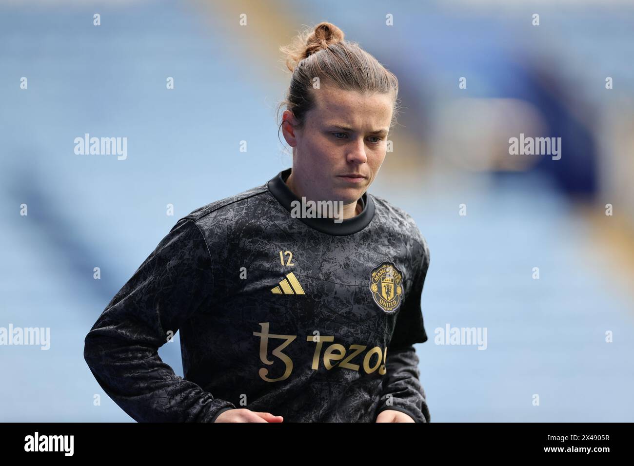 Hayley Ladd von Manchester United wärmt sich vor dem Barclays WomenÕs Super League Spiel zwischen Leicester City und Manchester United auf. Stockfoto