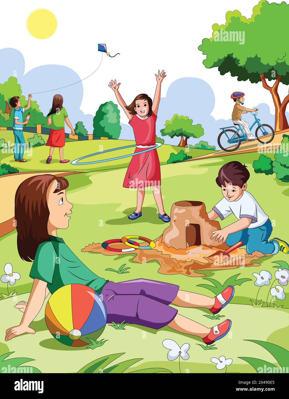 Kinder spielen und genießen im Park Stock Vektor