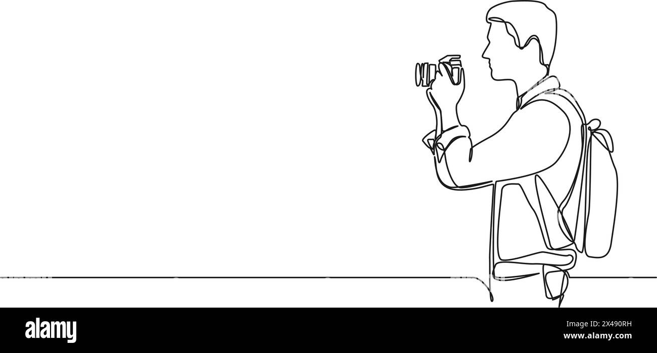 Durchgehende einzeilige Zeichnung eines Mannes, der eine DSLR-Kamera hält, Strichgrafik-Vektor-Illustration Stock Vektor