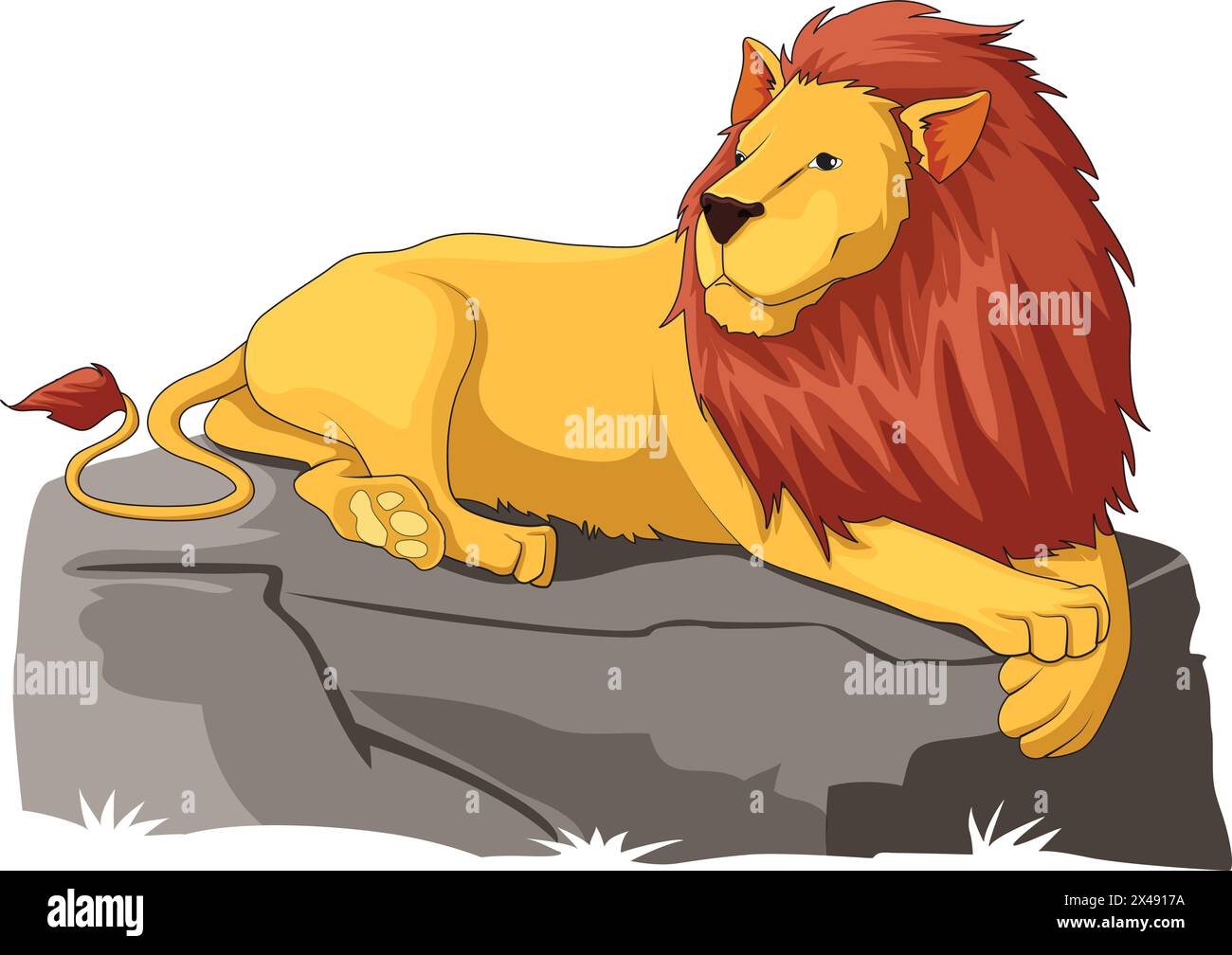 Wilder Löwe sitzt auf einem Felsen und schaut zur Seite Stock Vektor