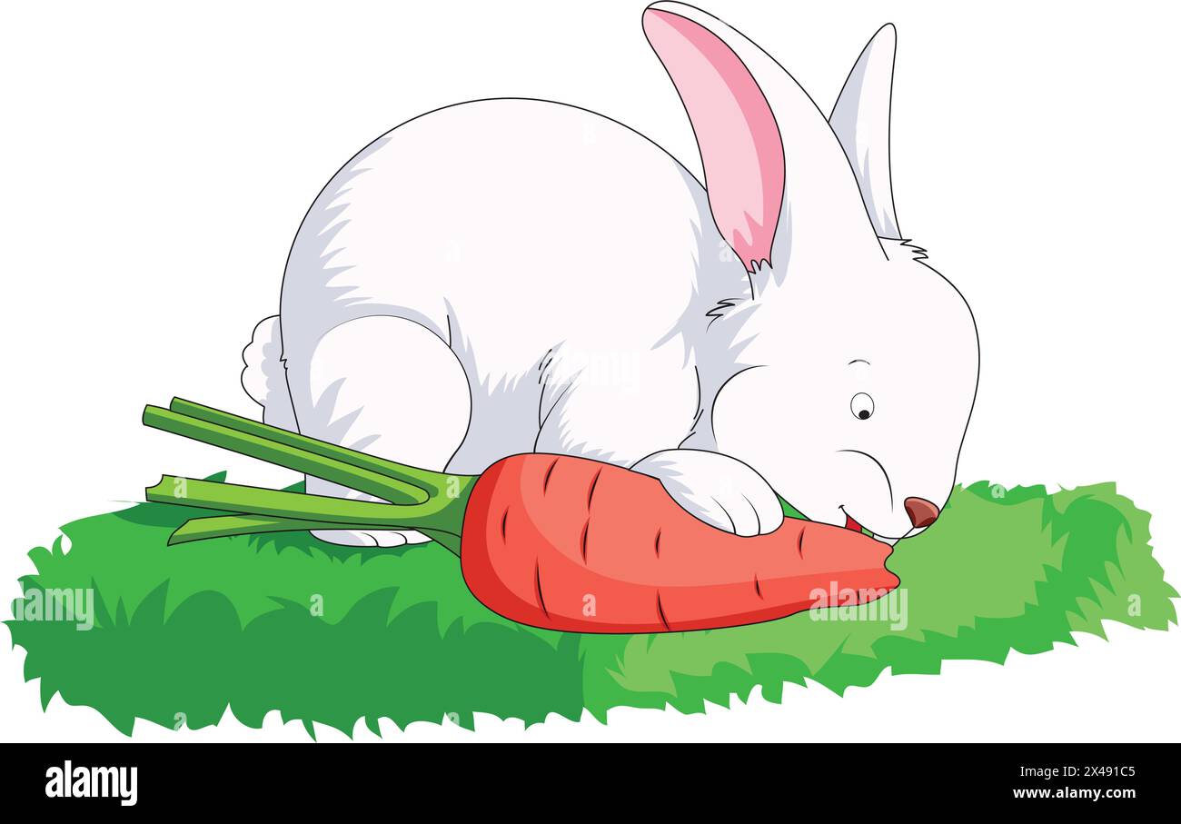 Süßes kleines Kaninchen, das Karotten isst, während er auf einem Grasfeld sitzt Stock Vektor