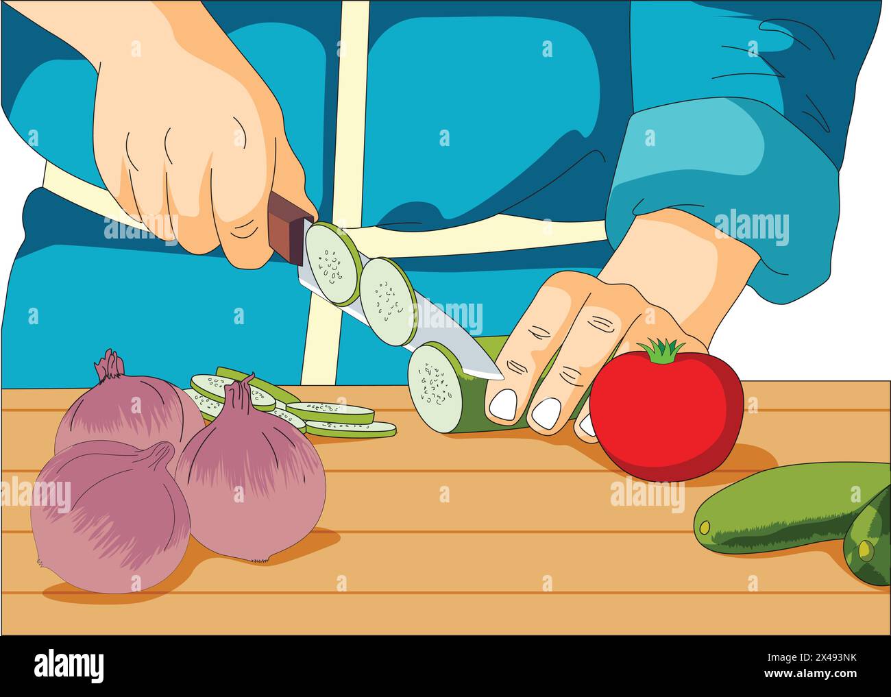Gemüse auf ein Holzbrett gelegt und man schneidet Gurken mit einem Messer Stock Vektor