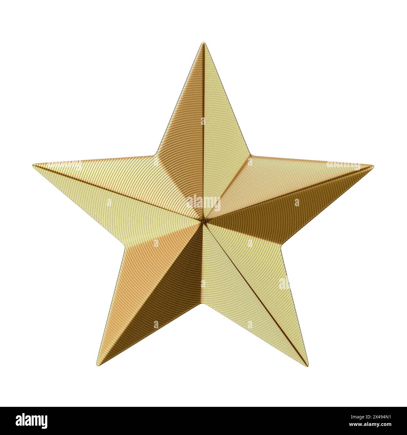 Strukturierter goldener Stern mit reflektierender Oberfläche auf reinweißem Hintergrund Stockfoto