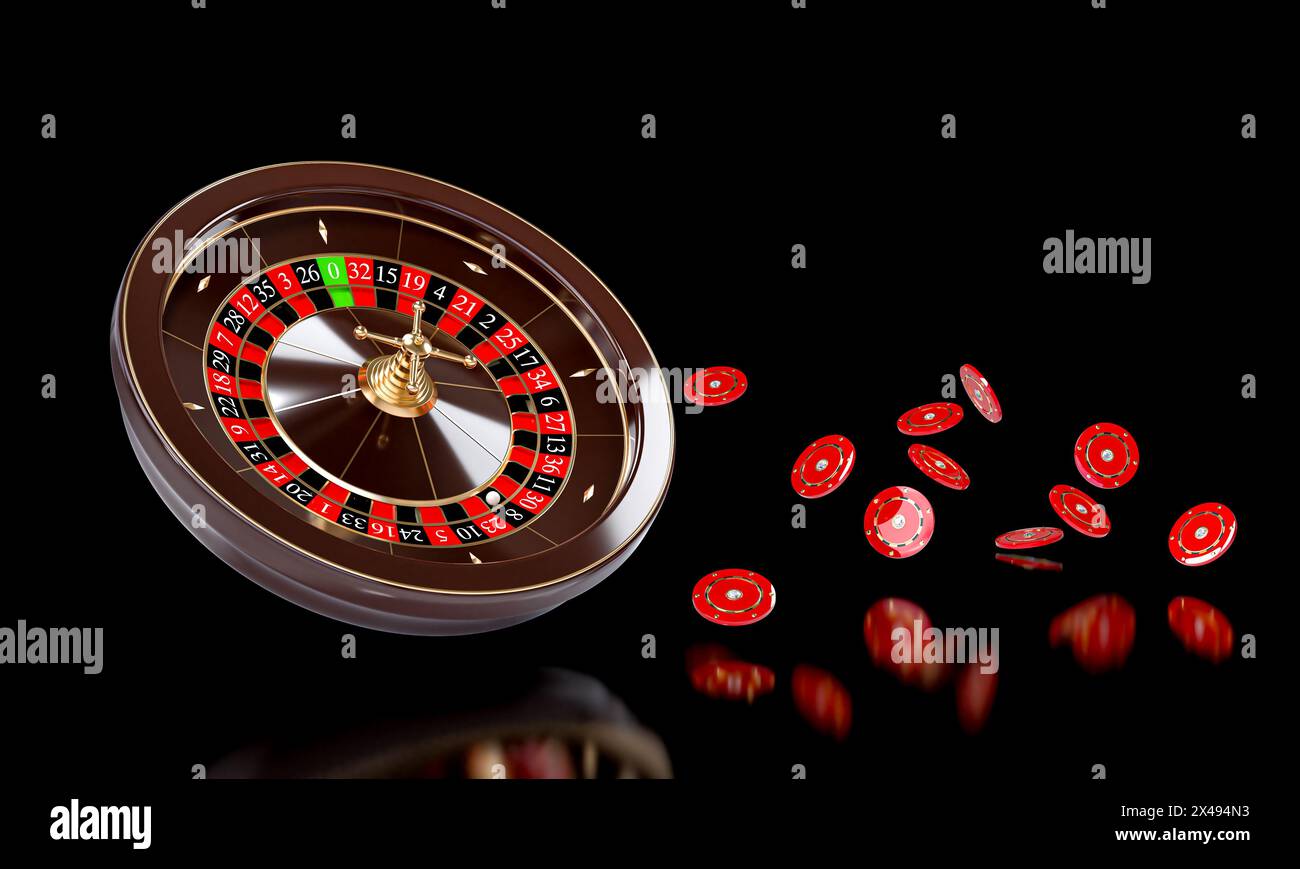 Drehendes Casino-Roulette-Rad mit fliegenden Chips 3D-Rendering Stockfoto