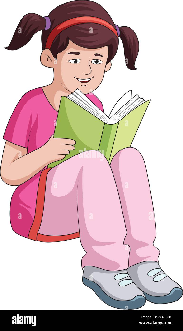 Süßes Mädchen, das lächelt und ein Buch liest Stock Vektor