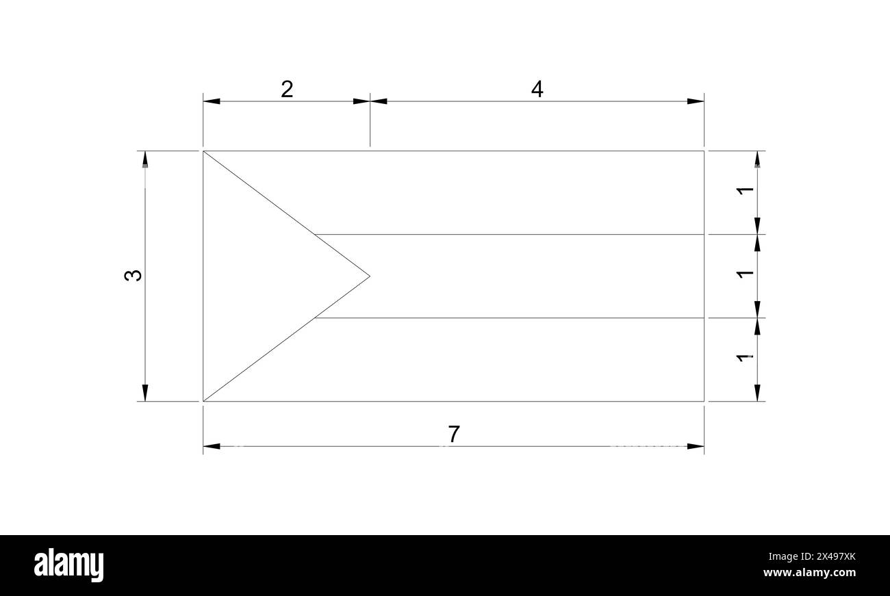 Flagge Palästinas, schwarz-weiß zum Zeichnen der palästinensischen Flagge und Abmessungen mit Anteilen für das Zeichnen, für das Labor der Schule oder das Zeichnen, Stockfoto
