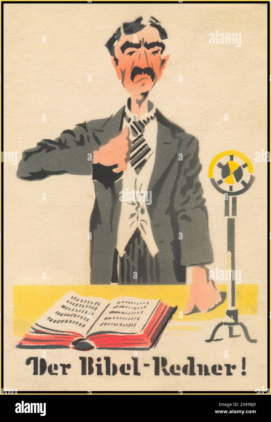 CHAMBERLAIN WW2 Anti Briish 1940 Nazi-Deutschland-Propaganda-Postkarte mit Premierminister Neville Chamberlain mit Sendemikrofon, als „DER BIBEL-REDNER“ „The Bible Speaker“ Eine krude Kunst-Pastiche-Propagandakarte, die zu Beginn des Zweiten Weltkriegs produziert wurde. 2. Weltkrieg Stockfoto
