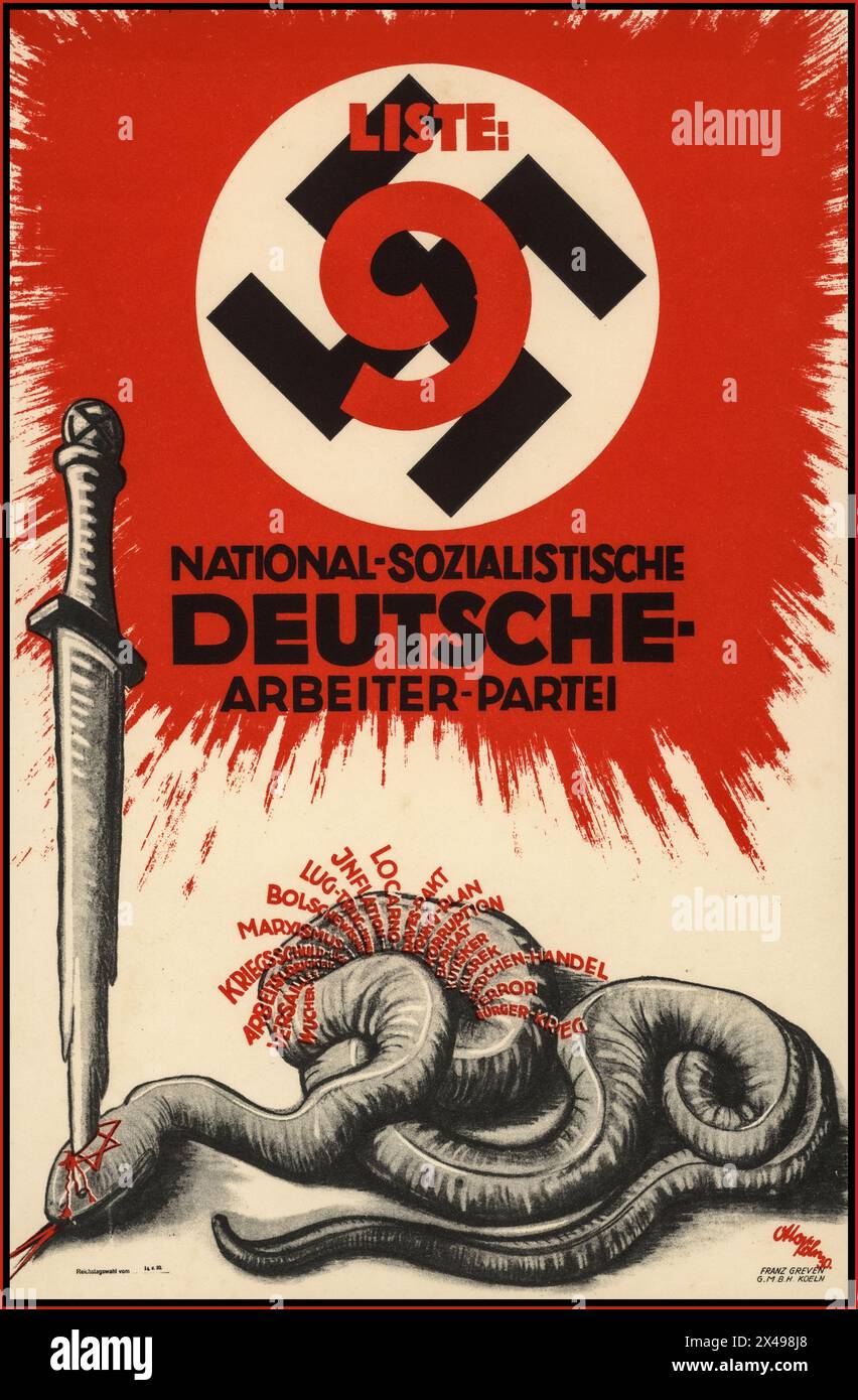 NSDAP-Propaganda-Wahlplakat LISTE 9 Nationalsozialistische Deutsche Arbeiterpartei vom 1930. Er zeigt einen Dolch, der durch den Kopf einer Schlange schneidet, die das jüdische Sternemblem trägt. Der Körper der Schlange, der eine Vielzahl von Wahldrohungen gegen die deutsche Gesellschaft aussendet. Nazi Deutschland 1930er Jahre Stockfoto