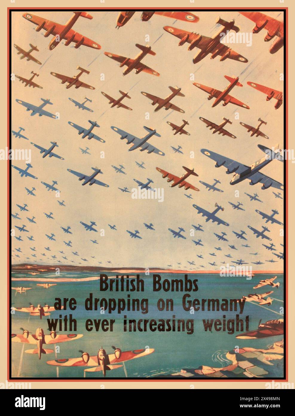 Britische Propaganda-Poster aus dem 2. Weltkrieg der 1940er Jahre „BRITISCHE BOMBEN FALLEN AUF DEUTSCHLAND MIT IMMER GRÖSSEREM GEWICHT“, das die RAF bei einem Bomberangriff auf Nazi-Deutschland im Jahr 1000 zeigt. 2. Weltkrieg Bomber Command UK Stockfoto