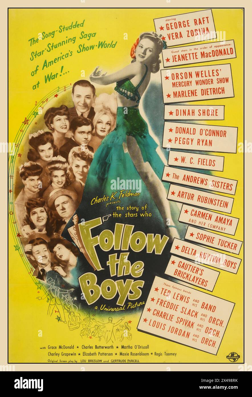 WW2 „Follow the Boys“ ist ein Musikfilm aus dem Jahr 1944, der von Universal Pictures während des Zweiten Weltkriegs gedreht wurde, um die Truppen im Ausland und die Zivilisten zu Hause zu unterhalten. Der Film wurde von A. Edward „Eddie“ Sutherland gedreht und von Charles K. Feldman produziert. Mit George Raft, Orson Welles, Marlene Dietrich, Dinah Shore, W C Fields, die Andrews Sisters usw. Hollywood USA Stockfoto