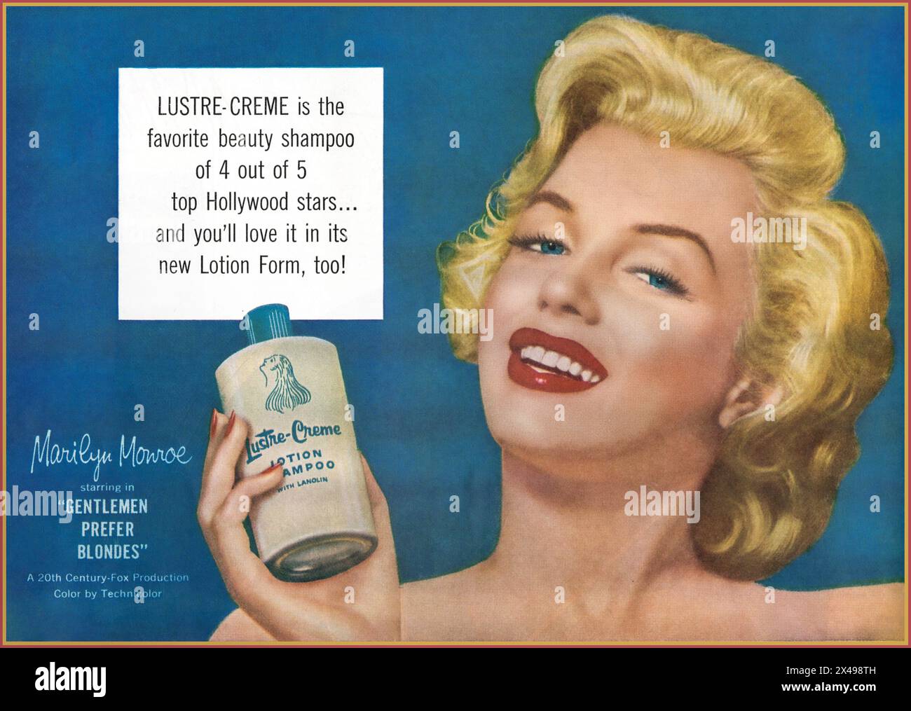 Marilyn Monroe aus dem Jahr 1950 Werbung für LUSTRE CREAM SHAMPOO eine Werbekampagne, die zusammen mit ihrem berühmten Film Gentlemen Prefficier Blondes aus dem Jahr 1953 veröffentlicht wurde Stockfoto