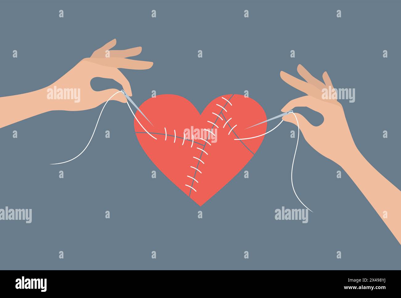 Zwei Hände mit Nadeln und Fäden, die ein gebrochenes Herz nähen, flache Vektor-Illustration Stock Vektor