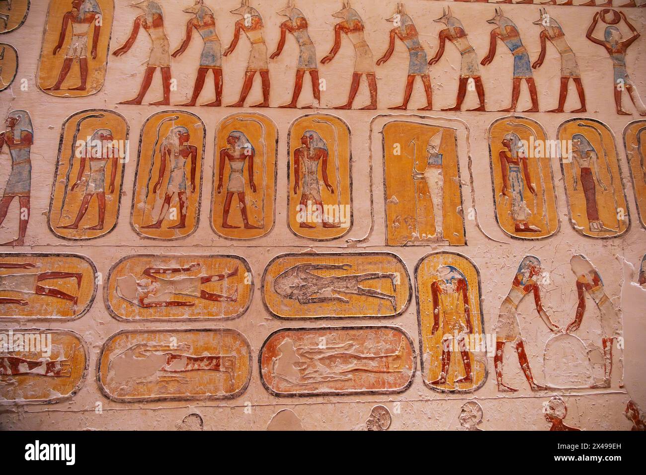 Hieroglyphensymbole und Kartuschen, Grab von Rameses IV, KV2, Tal der Könige, Luxor, Ägypten Stockfoto