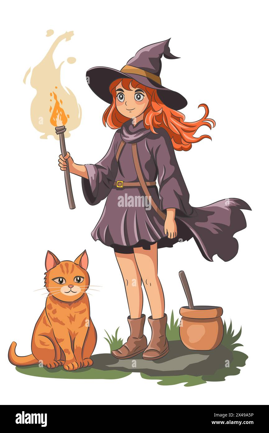 Ein Hexenmädchen mit Hut, brennender Fackel und roter Katze. Stock Vektor