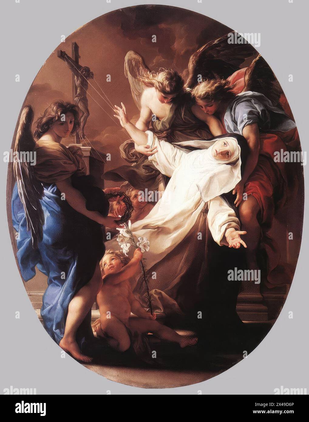BATONI, Pompeo (* 1708, Lucca, d. 1787, Roma) die Ekstase der hl. Katharina von Siena 1743 Öl auf Leinwand Museo di Villa Guinigi, Lucca Pompeo Batoni war ein sehr kultivierter Mann, der schon früh internationale Berühmtheit erlangte. Er war der erste italienische Künstler, der bewusst eine formale Alternative zur Rokoko-Kunst und zur venezianischen Malerei erarbeitete, die er als überholt empfand. Er studierte in Rom Raffael und klassische Renaissance-Kunst. Er entwickelte schnell ein „Reformprogramm“ für das Malen entlang kontrollierter akademischer Linien. Er wollte eine Reihe von Gemälden bereitstellen, die als ein Bild verwendet werden könnten Stockfoto