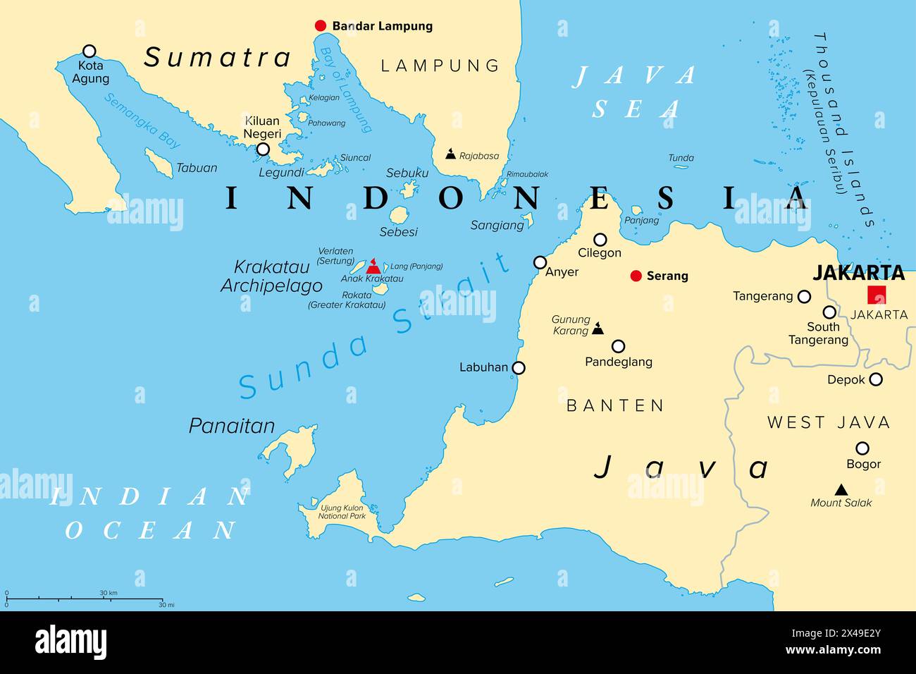 Sunda Strait, Indonesien, politische Karte. Meerenge zwischen den indonesischen Inseln Java und Sumatra, die das Java-Meer mit dem Indischen Ozean verbindet. Stockfoto