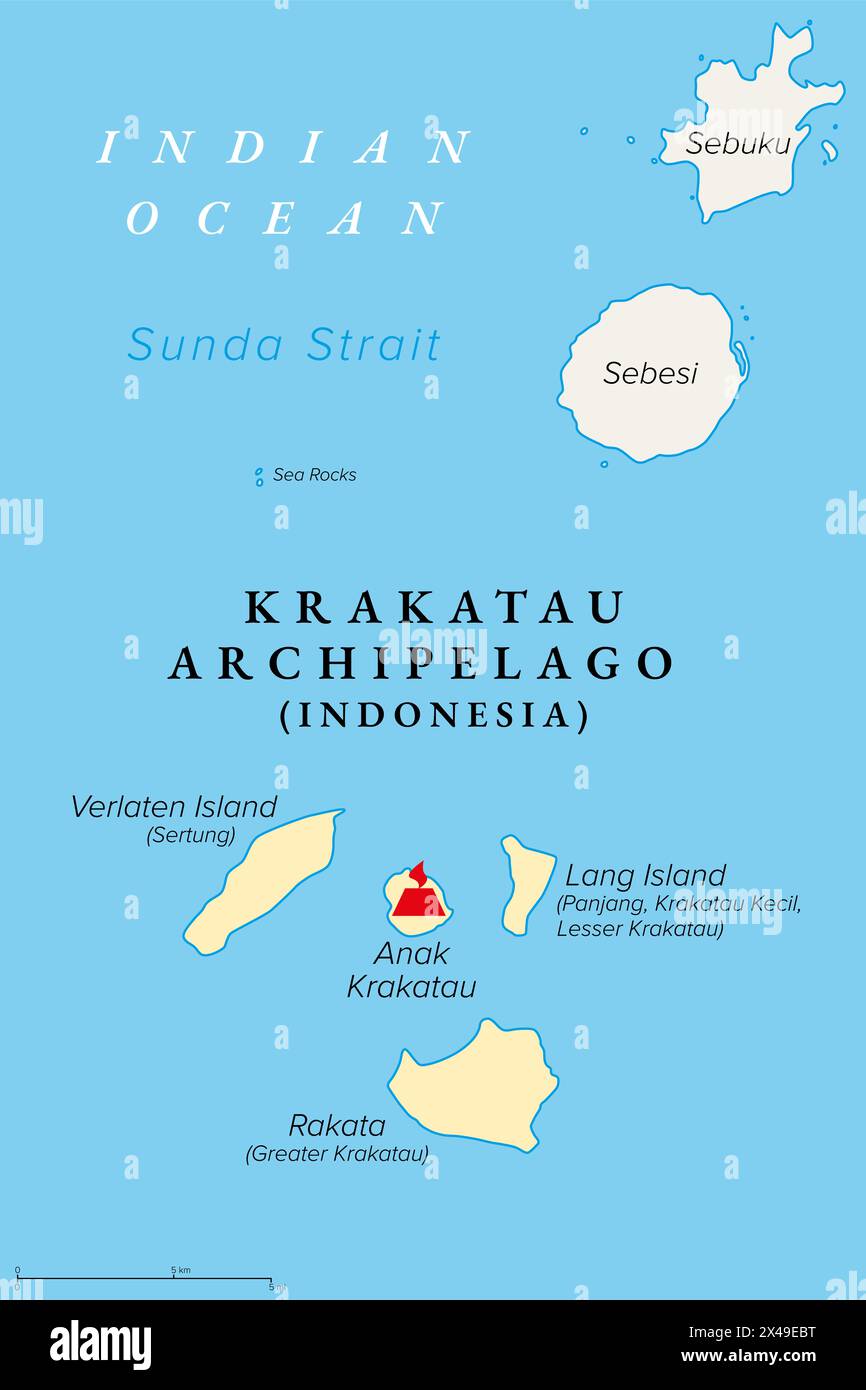 Krakatau Archipel, Indonesien, politische Karte. Unbewohnte, kleine vulkanische Inseln, die durch den Stratovulkan Krakatau gebildet wurden und sich in der Sunda-Straße befinden. Stockfoto
