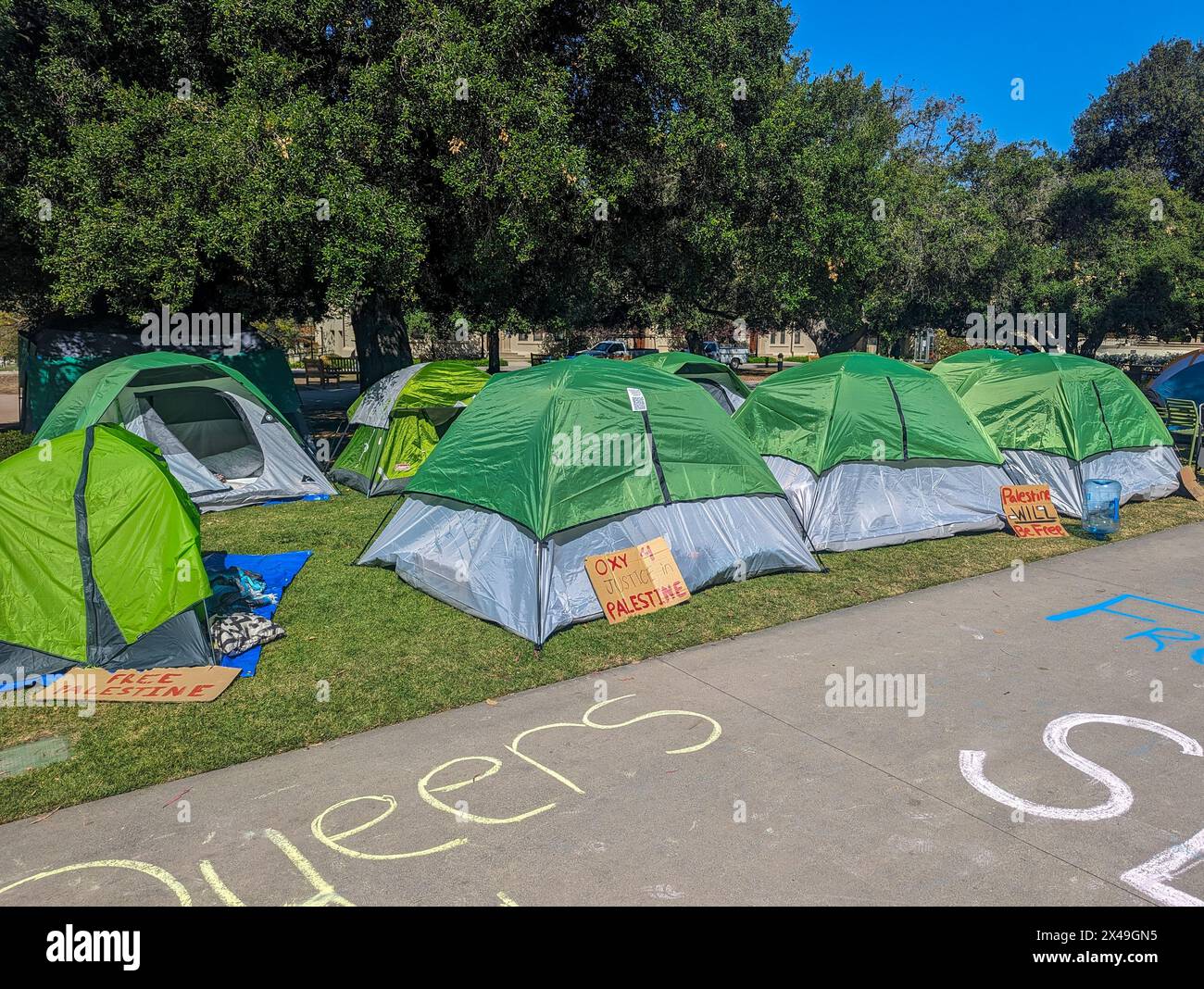 Los Angeles, CA - April 30 2024: Pro-palästina-Lager auf dem Campus des Occidental College Stockfoto