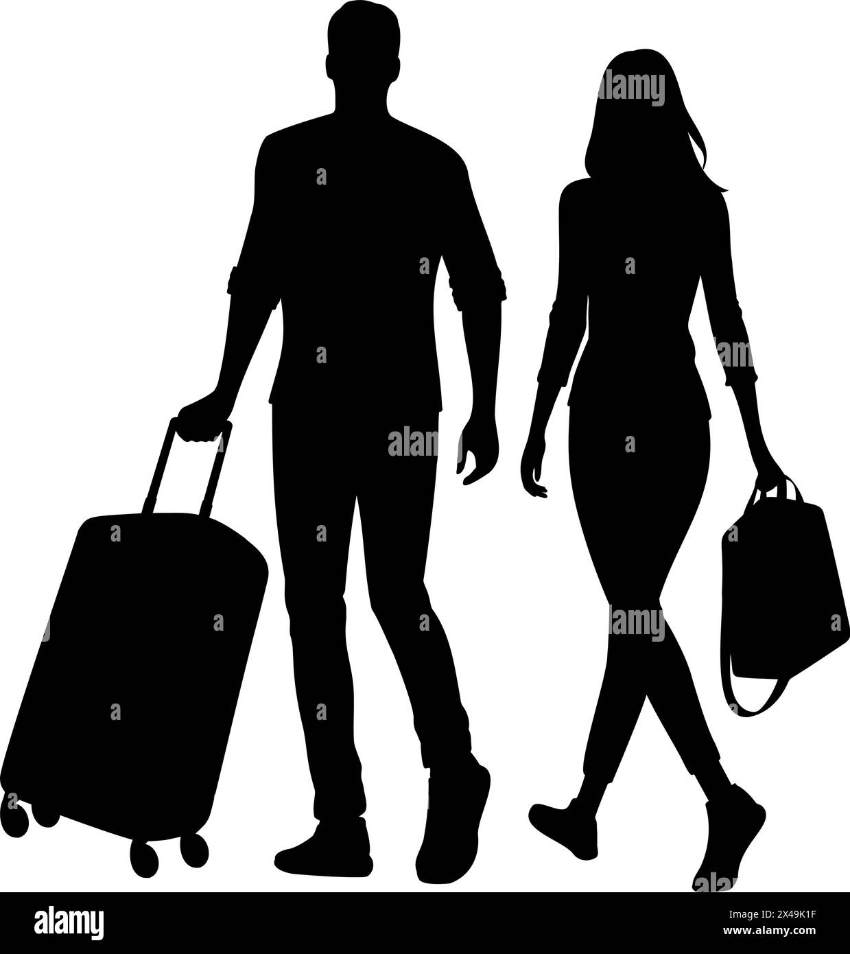 Silhouette eines Mannes und einer Frau, die mit Reisekoffer und Tasche laufen. Vektorabbildung Stock Vektor