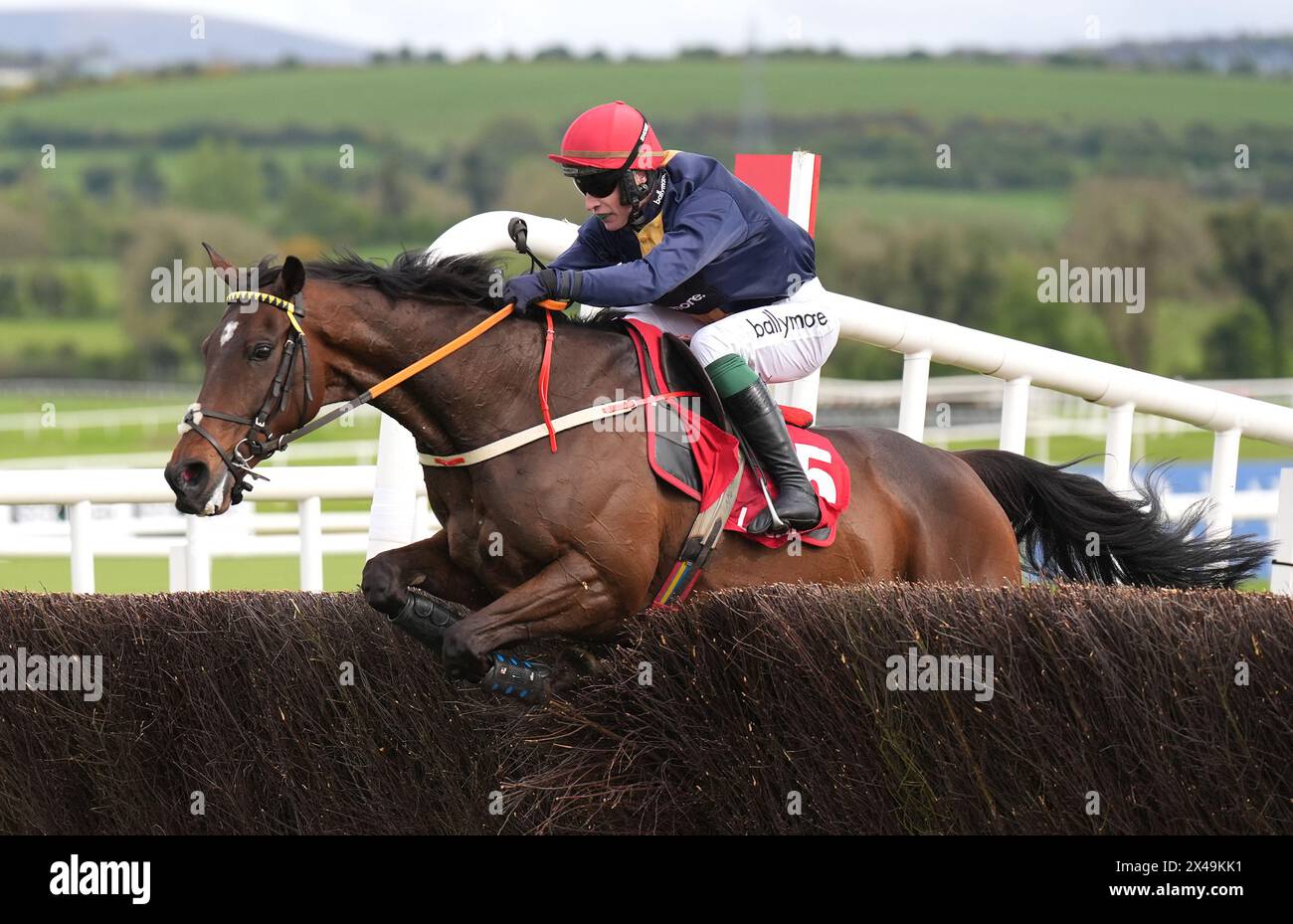 Fastorslow wurde von JJ Slevin auf dem Weg zum Sieg des Ladbrokes Punchestown Gold Cup Chase am zweiten Tag des Punchestown Festivals auf der Punchestown Racecourse in County Kildare gefahren. Bilddatum: Mittwoch, 1. Mai 2024. Stockfoto