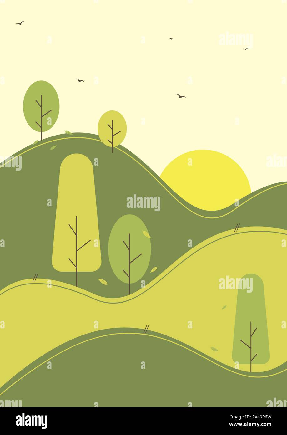 Naturlandschaft einfache kindliche Illustration. Grüne Baumpflanzen auf Hügeln. Sommerpanorama bei Sonnenaufgang in modernem Stil. Abstrakte ländliche Länder-Umgebung Stock Vektor