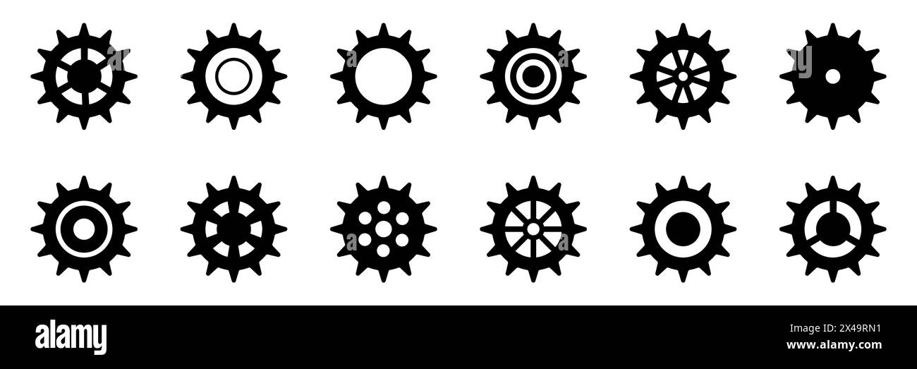 Symbolsatz Gänge. Symbol „Einstellen der Gänge“. Sammlung mechanischer Zahnräder. Weißer Hintergrund. Vektorillustration mit schwarzen Kettenradsymbolen Design el Stock Vektor