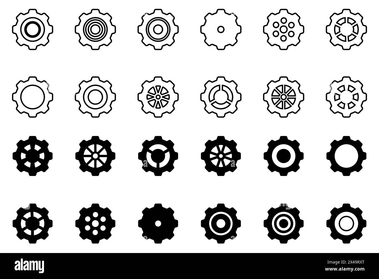 Symbolsatz Gänge. Symbol „Einstellen der Gänge“. Sammlung mechanischer Zahnräder. Weißer Hintergrund. Vektorillustration mit schwarzen Kettenradsymbolen Design el Stock Vektor
