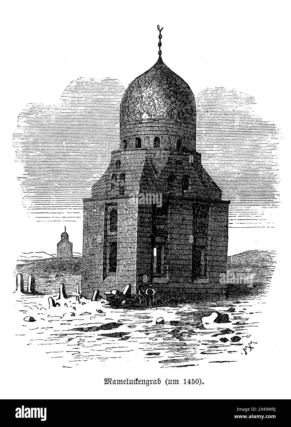 Das majestätische Mamluk-Grab aus der Zeit um 1450 n. Chr., reich detailliert und reich verziert. Das Grab verfügt über eine große, imposante Kuppel, die mit komplexen geometrischen Mustern und lebendigen Fliesen in Blau-, Grün- und Goldtönen verziert ist. Die Wände des Grabes sind mit Arabesken und umfangreichen kalligraphischen Inschriften aus dem Koran verziert, die die Kunstfertigkeit und religiöse Hingabe der Mamluken zeigen. Die ruhige Lage auf einem historischen Friedhof unter klarem Himmel unterstreicht die mystische und antike Anziehungskraft des Grabes. Stockfoto